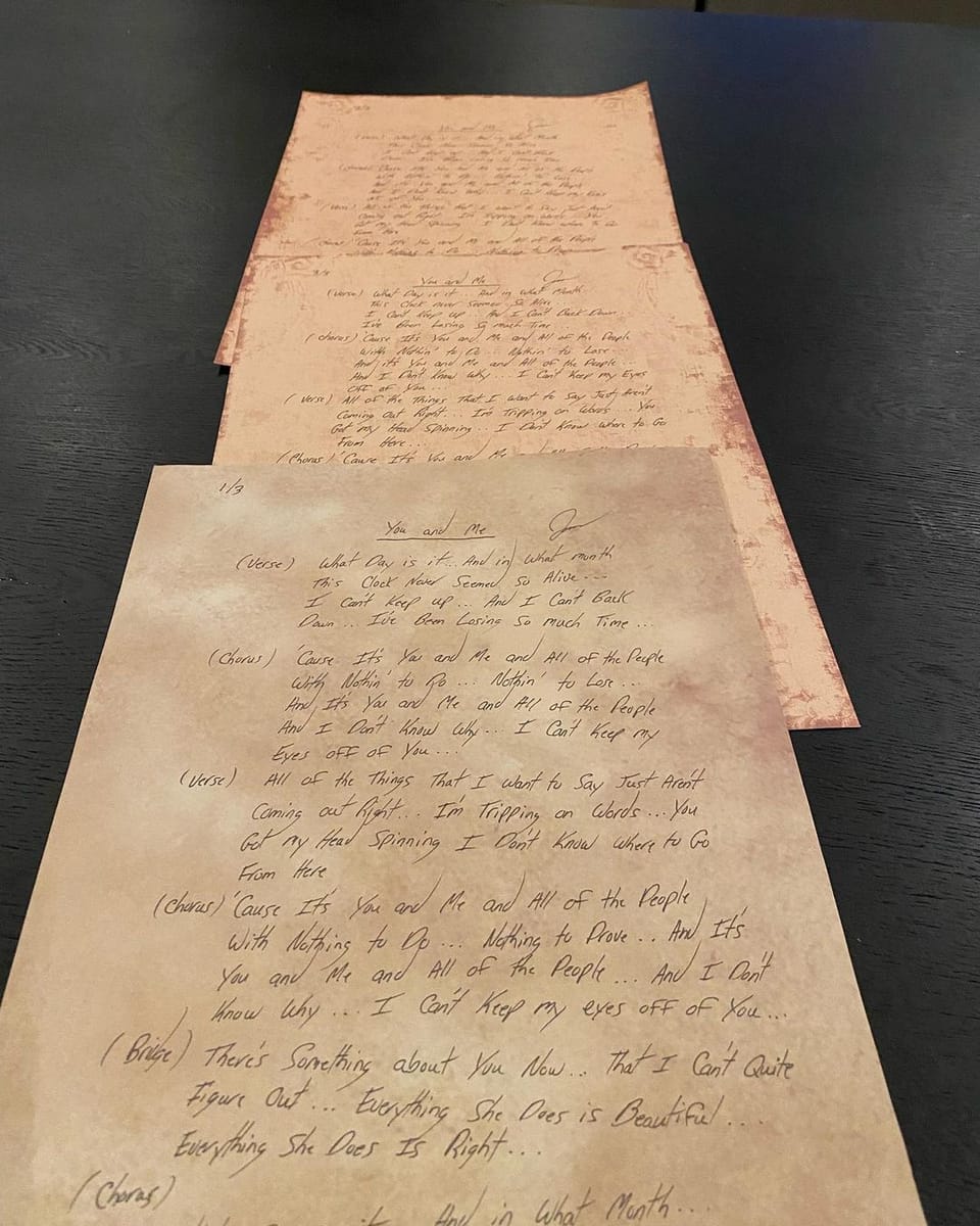 “You and Me” handwritten lyrics coming to the Allswell Records store
